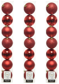 Decoris 28x stuks kunststof kerstballen rode 8 cm glans/mat/glitter