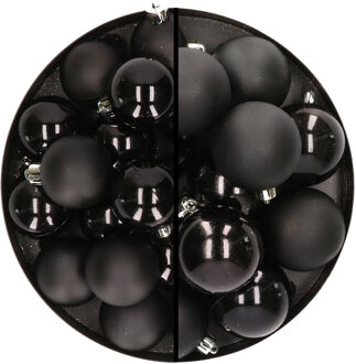 Decoris 28x stuks kunststof kerstballen zwart 4 en 6 cm