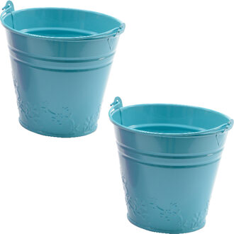 Decoris 2x bloempotjes/plantenpotjes bloemen relief - zink - D11 x H11 cm - blauw