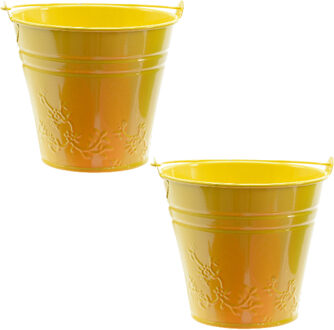 Decoris 2x bloempotjes/plantenpotjes bloemen relief - zink - D11 x H11 cm - geel