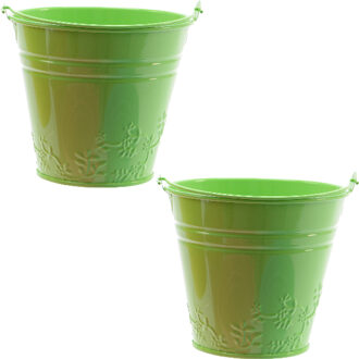 Decoris 2x bloempotjes/plantenpotjes bloemen relief - zink - D11 x H11 cm - groen