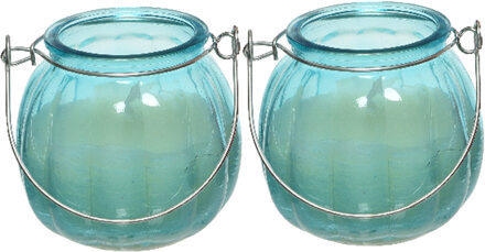 Decoris 2x citronella kaarzen - glas - anti muggen - 15 branduren - D8 x H8 cm - geurkaarsen Blauw