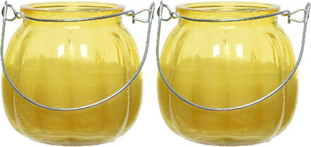 Decoris 2x citronella kaarzen - glas - anti muggen - 15 branduren - D8 x H8 cm - geurkaarsen Geel