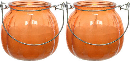 Decoris 2x citronella kaarzen - glas - anti muggen - 15 branduren - D8 x H8 cm - geurkaarsen Oranje