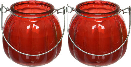 Decoris 2x citronella kaarzen - glas - anti muggen - 15 branduren - D8 x H8 cm - geurkaarsen Rood