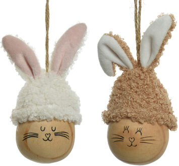 Decoris 2x decoratie paashaas paasei hangend - 12 cm - wit/bruin - kunststof