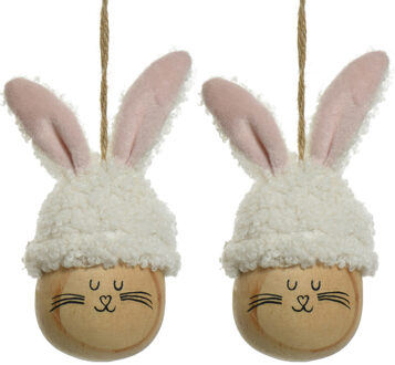 Decoris 2x decoratie paashaas paasei hangend - 12 cm - wit - kunststof