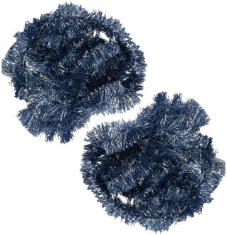 Decoris 2x decoris kerstslinger-guirlande - donkerblauw - glanzend lametta - 270 cm