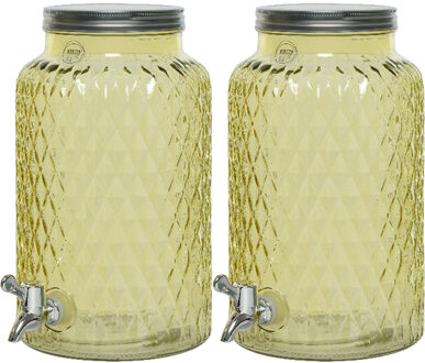 Decoris 2x drankdispenser/limonadetap met kraantje - glas - 5,5L - geel - Drankdispensers