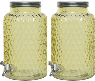 Decoris 2x drankdispenser/limonadetap met kraantje - glas - 5,5L - geel