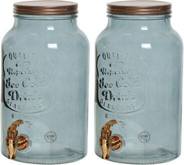 Decoris 2x drankdispenser/limonadetap met kraantje - glas - 6L - lichtblauw - Drankdispensers