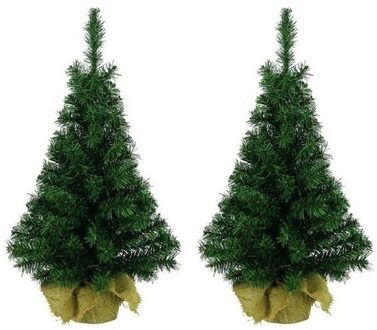 Decoris 2x Groene kunst kerstbomen 90 cm met jute zak/kluit