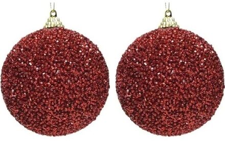 Decoris 2x Kerstballen kerst rode glitters 8 cm met kralen kunststof kerstboom versiering/decoratie - Kerstbal Rood