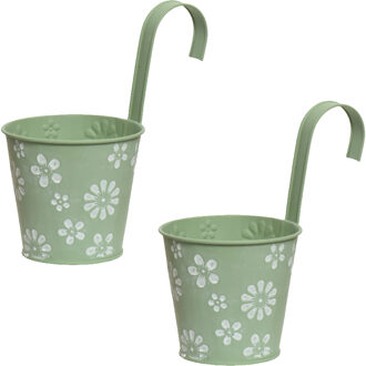 Decoris 2x stuks bloempotten ophangbaar - zink - 14 x 24 cm - lichtgroen - Plantenpotten