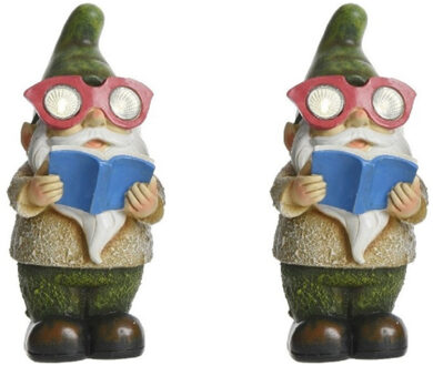 Decoris 2x stuks buitenlamp/tuinlamp tuinkabouter beeldje George 24 cm boekenwurm solar figuur - Tuinbeelden Blauw