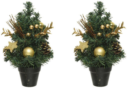 Decoris 2x stuks compleet versierde miniboompjes goud 30 cm - Kunstkerstboom Goudkleurig