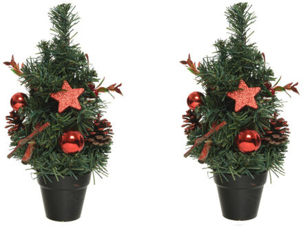 Decoris 2x stuks compleet versierde miniboompjes rood 30 cm - Kunstkerstboom