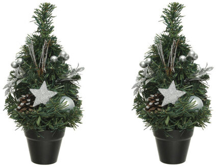 Decoris 2x stuks compleet versierde miniboompjes zilver 30 cm - Kunstkerstboom Zilverkleurig