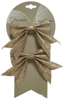 Decoris 2x stuks decoratie strikjes/strikken champagne glitter op clip 18,5 x 14 cm - Kersthangers Champagnekleurig