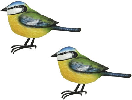 Decoris 2x stuks decoratie vogel/muurvogel Pimpelmees voor in de tuin 38 cm