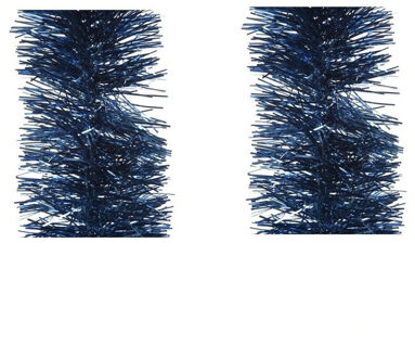 Decoris 2x stuks donkerblauwe kerstslingers 10 cm breed x 270 cm kerstversiering