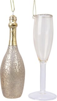 Decoris 2x stuks glazen kersthangers champagne 12,5 cm kerstornamenten - Kersthangers Zilverkleurig