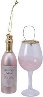 Decoris 2x stuks glazen kersthangers wijnfles met wijnglas lichtroze kerstornamenten