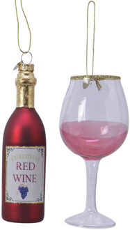 Decoris 2x stuks glazen kersthangers wijnfles met wijnglas rood kerstornamenten
