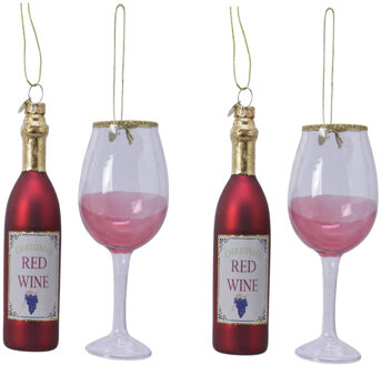 Decoris 2x stuks glazen kersthangers wijnfles met wijnglas rood kerstornamenten