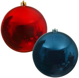 Decoris 2x stuks grote kerstballen van 20 cm glans van kunststof blauw en rood