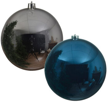 Decoris 2x stuks grote kerstballen van 20 cm glans van kunststof blauw en zilver