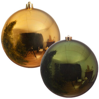 Decoris 2x stuks grote kerstballen van 20 cm glans van kunststof goud en groen