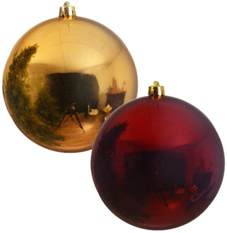 Decoris 2x stuks grote kerstballen van 20 cm glans van kunststof goud en rood - Kerstbal Multikleur