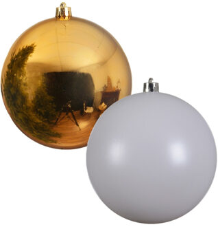 Decoris 2x stuks grote kerstballen van 20 cm glans van kunststof goud en wit - Kerstbal Multikleur