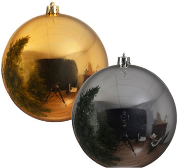 Decoris 2x stuks grote kerstballen van 20 cm glans van kunststof goud en zilver