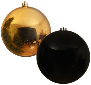 Decoris 2x stuks grote kerstballen van 20 cm glans van kunststof goud en zwart - Kerstbal Multikleur