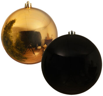 Decoris 2x stuks grote kerstballen van 20 cm glans van kunststof goud en zwart