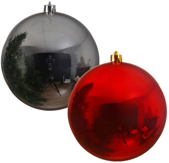 Decoris 2x stuks grote kerstballen van 20 cm glans van kunststof rood en zilver - Kerstbal Multikleur