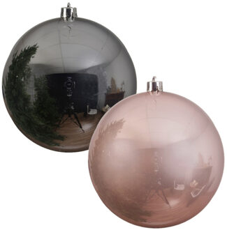 Decoris 2x stuks grote kerstballen van 20 cm glans van kunststof roze en zilver - Kerstbal Multikleur