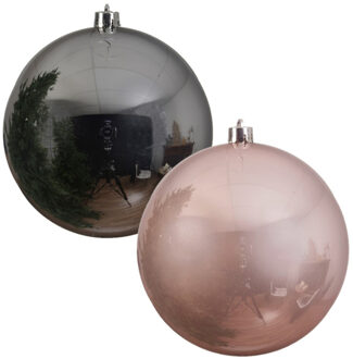 Decoris 2x stuks grote kerstballen van 20 cm glans van kunststof roze en zilver