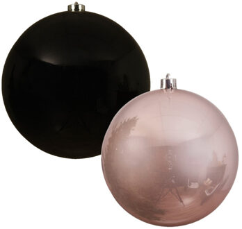 Decoris 2x stuks grote kerstballen van 20 cm glans van kunststof roze en zwart