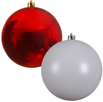 Decoris 2x stuks grote kerstballen van 20 cm glans van kunststof wit en rood - Kerstbal Multikleur