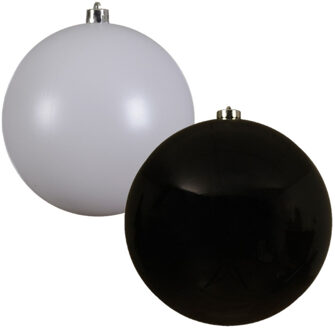 Decoris 2x stuks grote kerstballen van 20 cm glans van kunststof wit en zwart - Kerstbal Multikleur