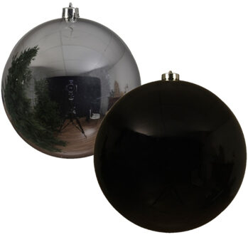 Decoris 2x stuks grote kerstballen van 20 cm glans van kunststof zwart en zilver - Kerstbal Multikleur