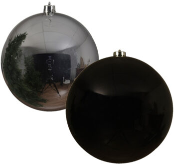 Decoris 2x stuks grote kerstballen van 20 cm glans van kunststof zwart en zilver