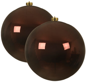 Decoris 2x stuks grote kunststof kerstballen mahonie bruin 14 cm glans - Kerstbal