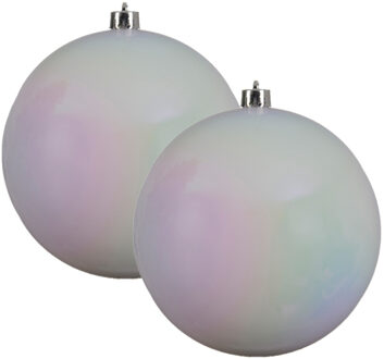 Decoris 2x stuks grote kunststof kerstballen parelmoer wit 14 cm glans - Kerstbal