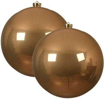 Decoris 2x stuks grote kunststof kerstballen toffee bruin 14 cm glans - Kerstbal