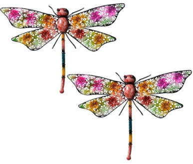 Decoris 2x stuks grote metalen libelle gekleurd 29 x 47 cm tuin decoratie
