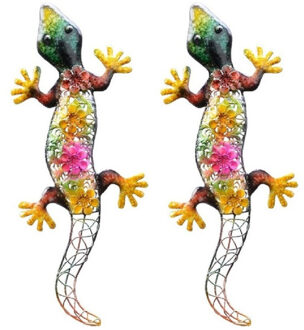 Decoris 2x stuks grote metalen salamander gekleurd 42 x 17 cm tuin decoratie